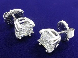 4.22 total carat weight Asscher Cut diamond earrings in 14-karat white gold basket style mountings with split prong heads