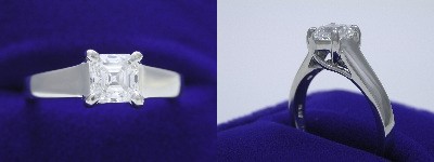 Asscher Cut Diamond Ring: 0.65 carat in Trellis style mounting