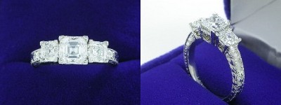 Asscher Cut Diamond Ring: 0.94 carat in 0.89 tcw Asscher Cut Three Stone Mounting