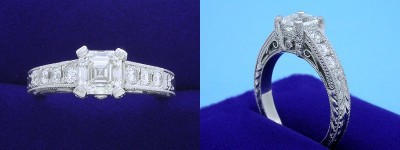 Asscher Cut Diamond Ring: 1.02 carat in 0.33 tcw Richard Landi designer Pave-Set hand carved mounting