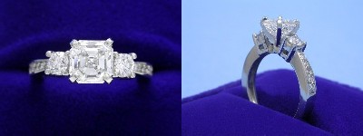 Asscher Cut Diamond Ring: 1.04 carat in 0.35 tcw Round Brilliant Three Stone Mounting