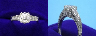 Asscher Cut Diamond Ring: 1.10 carat in 0.27 tcw Pave-Set mounting