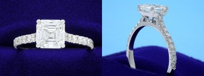 Asscher Cut Diamond Ring: 1.23 carat in 0.25 tcw Pave-Set mounting