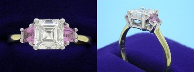 Asscher Cut Diamond Ring: 1.24 carat in 0.37 tcw Pink Sapphire Trapezoid Mounting