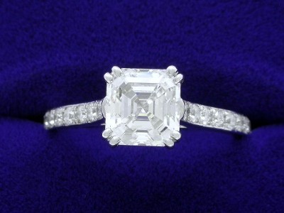 Special Offer: Asscher Cut 1.51 carat E VS2 with 0.28 tcw Pave Diamond Ring