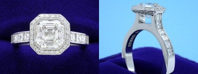 Asscher Cut Diamond Ring: 1.52 carat in 0.64 tcw Channel-Set Asscher and 0.20 tcw Pave mounting