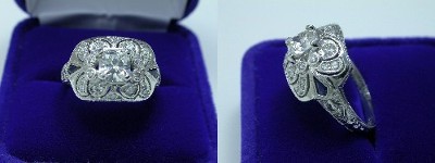 Cushion Cut Diamond Ring: 0.73 carat with 1.06 ratio in 0.32 tcw Richard Landi designer pave mounting