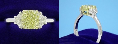 Cushion Cut Diamond Ring: 1.22 carat with 1.15 ratio Fancy Yellow in 0.34 tcw Crescent Moon Diamond custom mounting