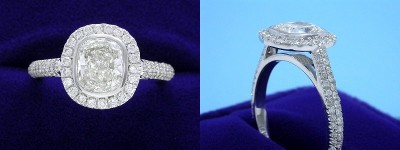 Cushion Cut Diamond Ring: 1.23 carat with 1.17 ratio in 0.51 tcw designer pave mounting