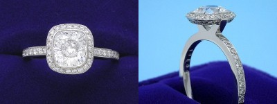  Cushion Cut Diamond Ring: 1.25 carat with 1.06 ratio in 0.35 tcw custom pave halo mounting