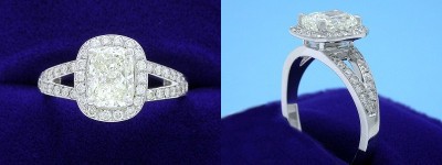 Cushion Cut Diamond Ring: 1.26 carat with 1.30 ratio in custom split-shank pave halo mounting