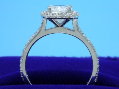 Cushion Cut Diamond Ring: 1.28 carat with 1.18 ratio in 0.33 tcw Pave Halo and Shank Mounting