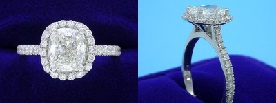 Cushion Cut Diamond Ring: 1.28 carat with 1.18 ratio in 0.33 tcw Pave Halo and Shank Mounting