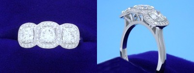 Cushion Cut Diamond Ring: 1.33 tcw 3-stone with Pave Halo Mounting