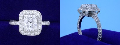 Cushion Cut Diamond Ring: 1.39 carat with 1.17 ratio in 1.22 tcw custom pave mounting