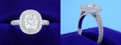 Cushion Cut Diamond Ring: 1.40 carat with 1.17 ratio in 0.66 tcw custom pave mounting