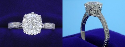 Cushion Cut Diamond Ring: 1.51 carat with 1.15 ratio in 0.27 tcw Richard Landi designer pave mounting