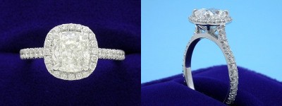  Cushion Cut Diamond Ring: 1.52 carat with 1.06 ratio in 0.43 tcw custom pave mounting