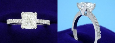 Cushion Cut Diamond Ring: 1.52 carat with 1.12 carat in 0.17 tcw custom pave mounting