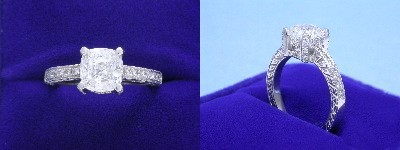 Cushion Cut Diamond Ring: 1.54 carat with 1.03 ratio in 0.20 tcw custom pave mounting