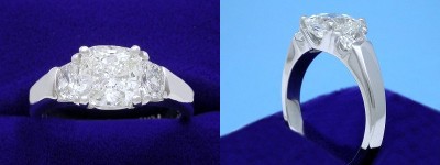 Cushion Cut Diamond Ring: 1.70 carat with 1.02 ratio in 0.65 tcw Cushion Diamond custom three stone mounting