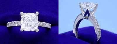 Cushion Cut Diamond Ring: 1.71 carat with 1.04 ratio in 0.11 tcw custom pave mounting