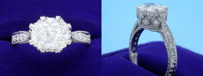 Cushion Cut Diamond Ring: 1.72 carat with 1.23 ratio in 0.24 tcw Richard Landi designer pave mounting