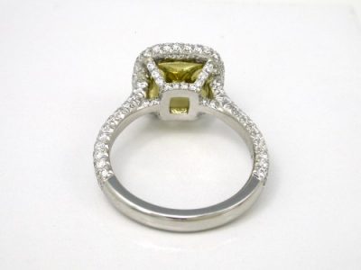 Fancy Yellow Cushion Diamond Ring with Double Row Pave Halo and Pave Basket and Pave Shank