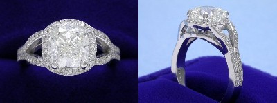 Cushion Cut Diamond Ring: 2.07 carat with 1.06 ratio in 0.20 tcw custom split shank pave mounting