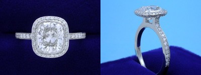 Cushion Cut Diamond Ring: 2.20 carat with 1.15 ratio in 0.56 tcw Bez Ambar designer pave mounting