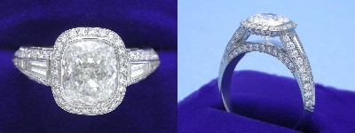 Cushion Cut Diamond Ring: 2.31 carat with 1.18 ratio in 1.16 tcw Bez Ambar designer pave and tapered baguette mounting