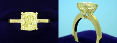 Cushion Cut Diamond Ring: 2.38 carat Fancy Light Yellow with 1.11 ratio in Yellow Gold custom mounting