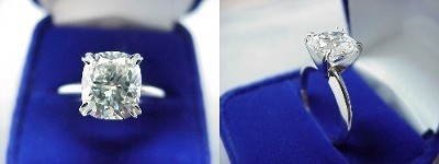 Cushion Cut Diamond Ring: 2.53 carat with 1.15 ratio in split-prong Solitaire style mounting