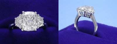 Cushion Cut Diamond Ring: 2.58 carat with 1.26 ratio in 0.63 tcw Half Moon Diamond custom mounting