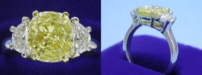 Cushion Cut Diamond Ring: 2.60 Fancy Intense Yellow with 1.16 ratio in 0.70 tcw Half Moon Diamond custom mounting