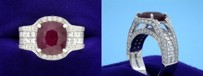 Cushion Ruby Ring: 3.06 carat with 1.23 tcw Blaze and 0.94 tcw Pave Round Diamonds