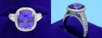Cushion Cut Tanzanite Ring: 3.84 carats with 0.16 tcw Tapered Baguettes and 1.38 pave Bez Ambar Mounting
