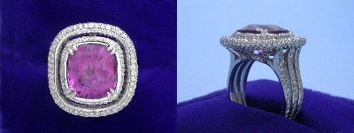 Cushion Cut Pink Sapphire Ring: 7.03 carat in Bez Ambar Pave Mounting