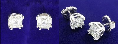 Asscher Cut Earrings: 4.22 tcw with Double Pronged Basket Heads and Friction Backs