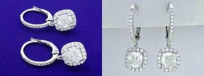Cushion Cut Earrings: 2.08 tcw with 0.48 tcw Pave Halo and Lever Back