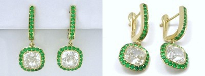 Cushion Cut Earrings: 4.01 tcw with 0.56 tcw Emerald Pave Halo and Lever Back