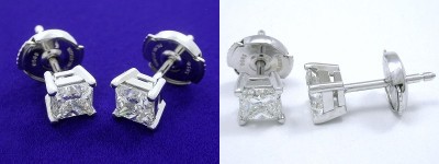 Princess Cut Earrings: 1.22 tcw with Basket Heads and Clutch Backs