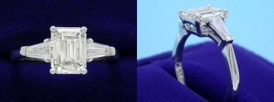 Emerald Cut Diamond Ring: 1.17 carat with 1.32 ratio in 0.30 tcw Tapered Baguette Three Stone mounting