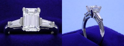 Emerald Cut Diamond Ring: 1.27 carat with 1.50 ratio in 0.32 tcw Tapered Baguette Three Stone mounting