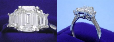 Emerald Cut Diamond Ring: 2.02 carat with 1.36 ratio in 0.83 tcw Step-Cut Trapezoid Three Stone mounting