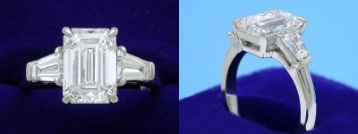 Emerald Cut Diamond Ring: 2.20 carat with 1.43 ratio in 0.64 Tapered Baguette Three Stone mounting