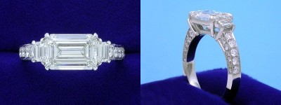 Emerald Cut Diamond Ring: 2.50 carat weight 1.44 ratio in 0.34 tcw Step-Cut Trapezoid and 0.56 tcw pave Three Stone mounting