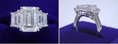 Emerald Cut Diamond Ring: 4.30 carat with 1.35 ratio in 2.03 tcw Step-Cut Trapezoid Three Stone mounting