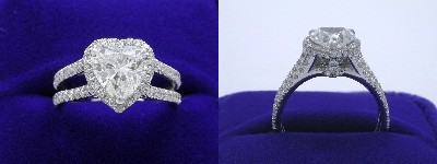 Heart Shaped Diamond Ring: 1.50 carat with 1.01 ratio in 0.95 tcw pave Split Shank mounting