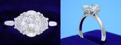 Oval Diamond Ring: 1.08 carat with 1.39 ratio in 0.35 tcw Crescent Moon diamond three-stone mounting